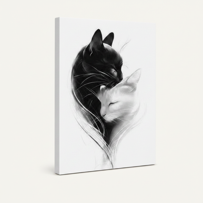 Frameless gallery-wrapped yin yang cat canvas, side view on off-white background