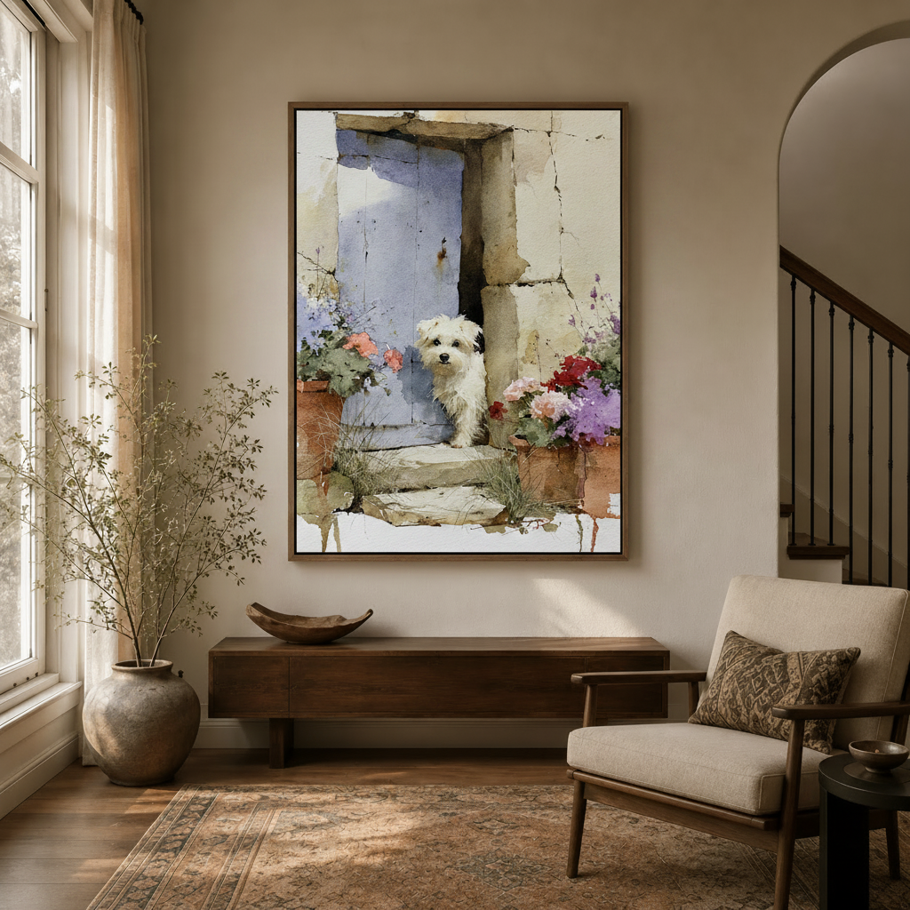 White terrier lavender door watercolor illustration canvas in float frame above dark walnut entryway credenza