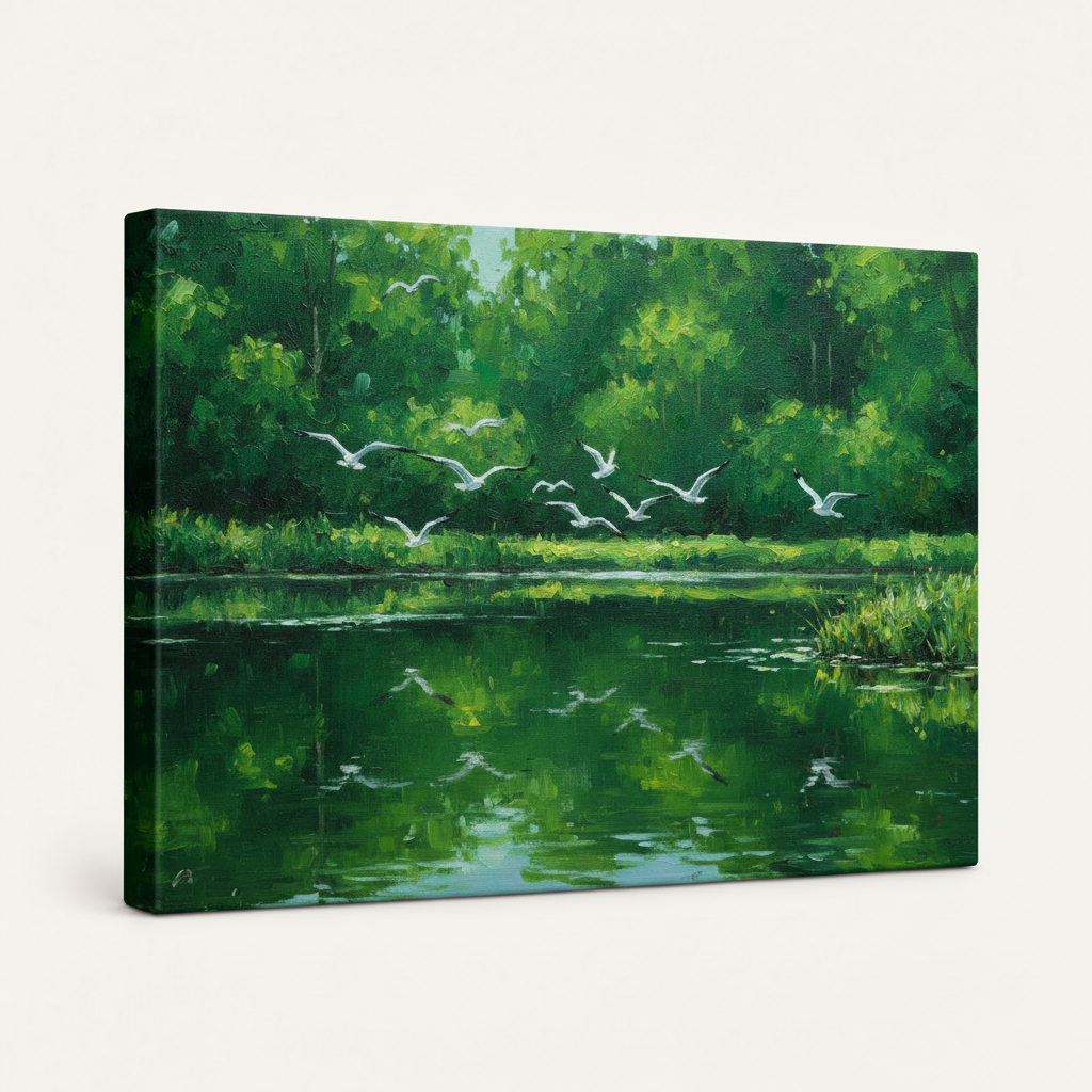 Gallery-wrapped canvas of impressionist green pond birds painting, angled view showing wrap edges on white background