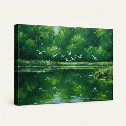 Gallery-wrapped canvas of impressionist green pond birds painting, angled view showing wrap edges on white background