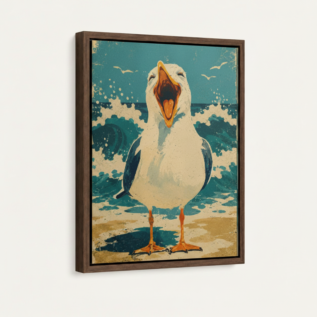 Seagull vintage coastal art in dark walnut float frame on off-white wall, angled side view