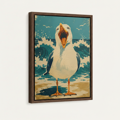 Seagull vintage coastal art in dark walnut float frame on off-white wall, angled side view