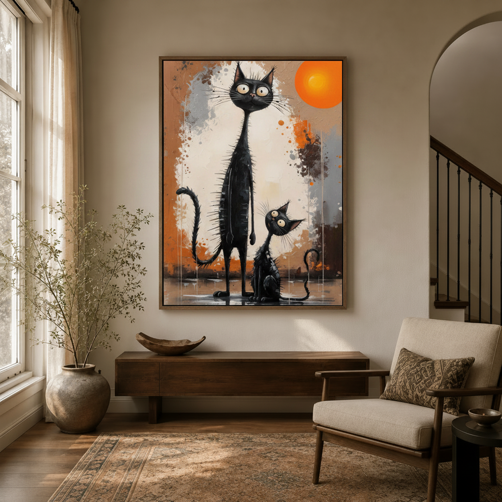Black cat duo orange sun expressionist canvas displayed in bright entryway foyer with arched doorway