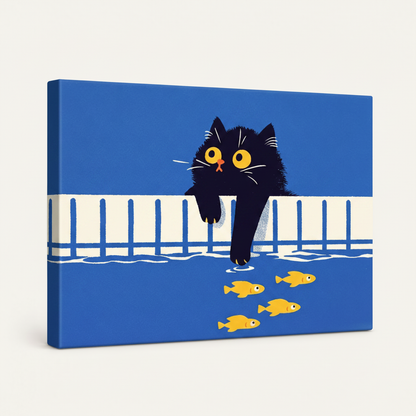 Gallery-wrapped black cat goldfish illustration canvas, angled view showing wrap edges on white background