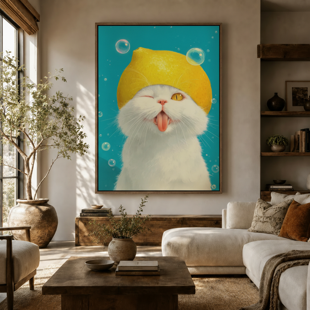 Lemon cat funny kawaii canvas wall art in dark walnut float frame above sideboard in bright modern living room with olive tree