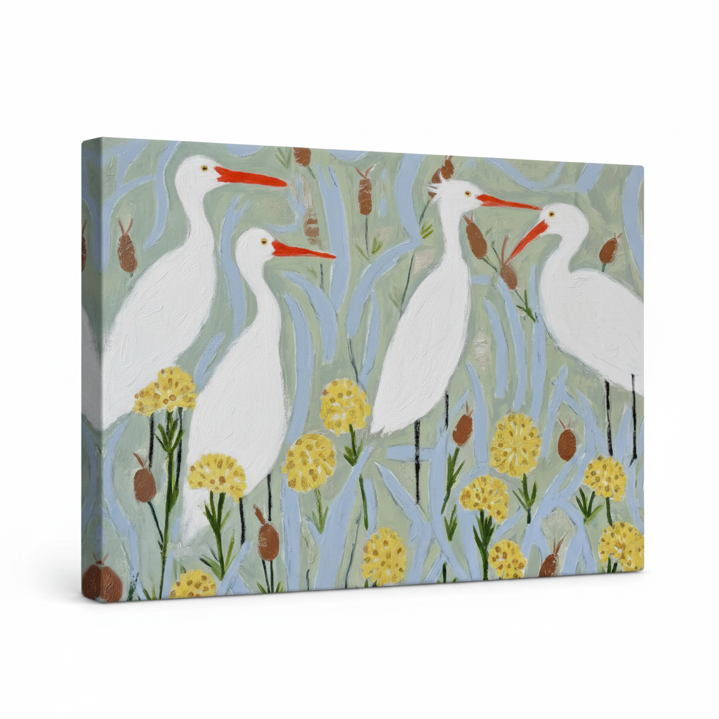 Gallery-wrapped egret botanical canvas print with dark painted edges, four white birds in reeds, angled view on white background