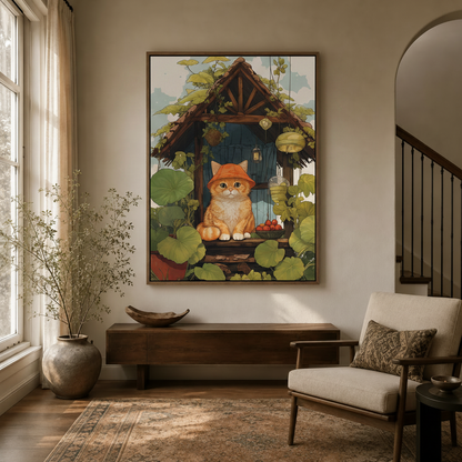 Whimsical cat cottage garden canvas wall art displayed in bright entryway above dark console