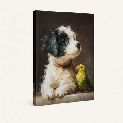 Gallery-wrapped puppy and parrot canvas wall art shown at angle, frameless style on white background