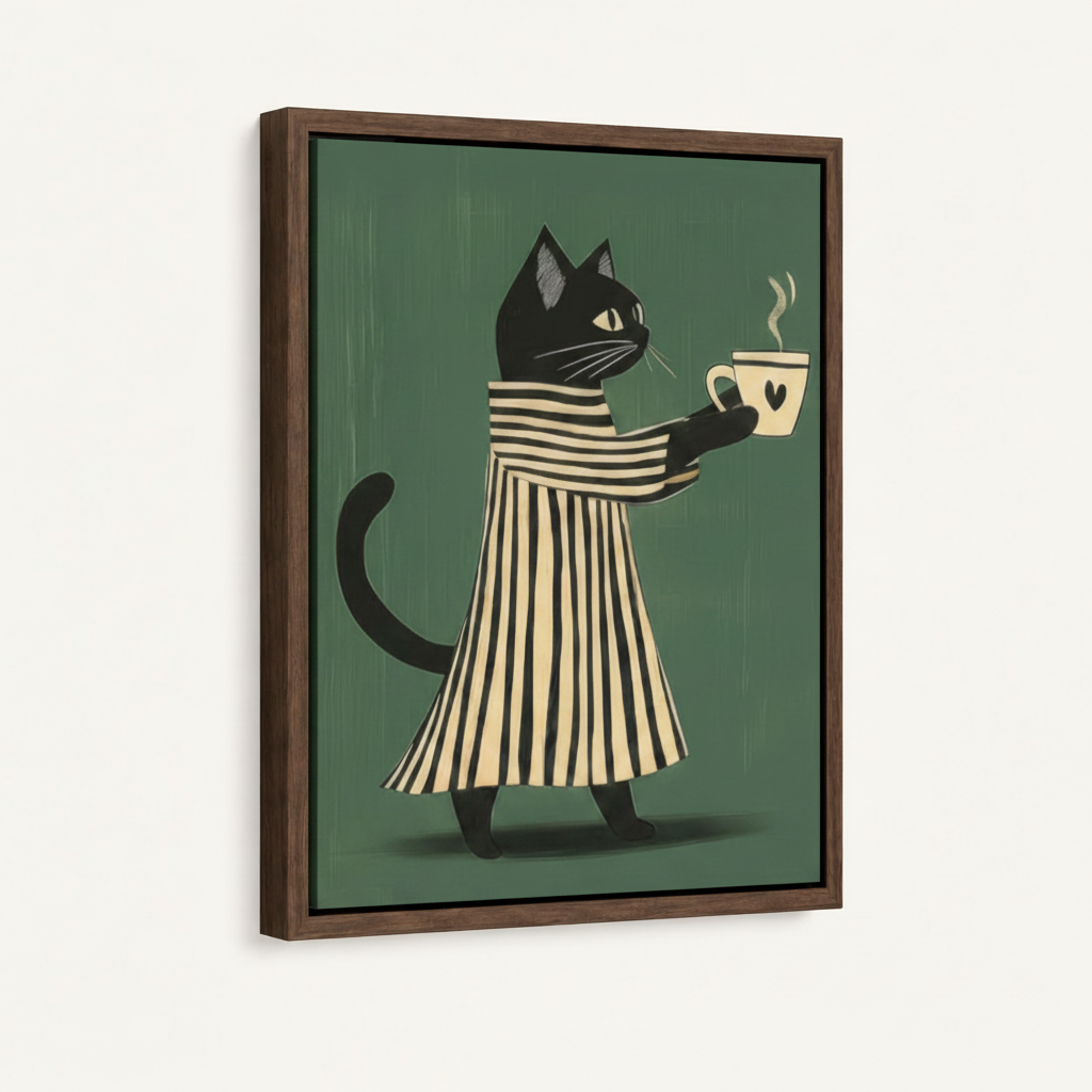 Cute black cat coffee lover canvas in dark walnut float frame angled product view on white background