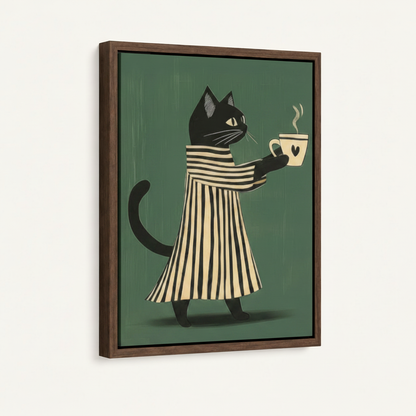 Cute black cat coffee lover canvas in dark walnut float frame angled product view on white background