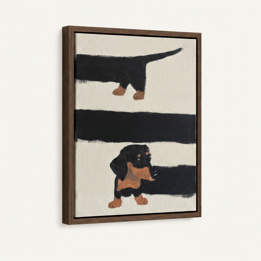 Minimalist dachshund framed canvas print with dark walnut float frame on white background