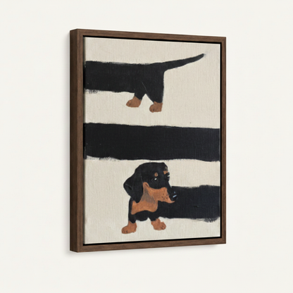 Minimalist dachshund framed canvas print with dark walnut float frame on white background