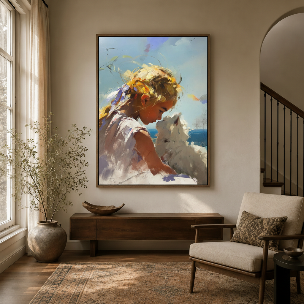 Childhood girl and cat impressionist canvas in walnut float frame displayed in entryway above console