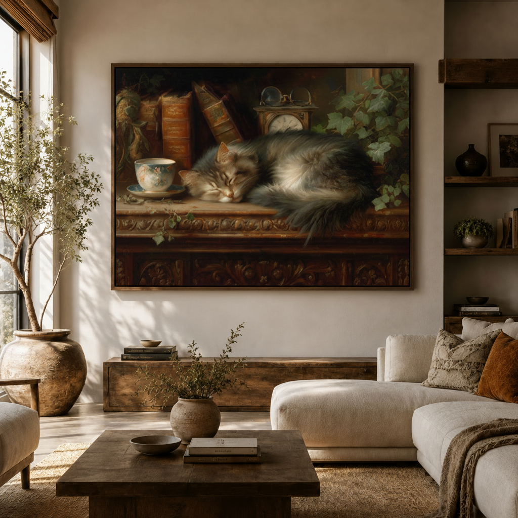 Old Master gray cat antique desk canvas wall art above sideboard in modern living room white sofa