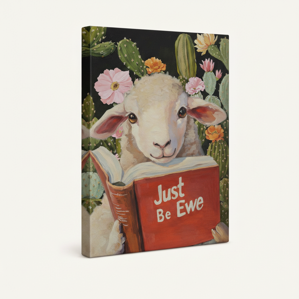 Gallery wrapped lamb oil painting canvas print side angle view off-white background