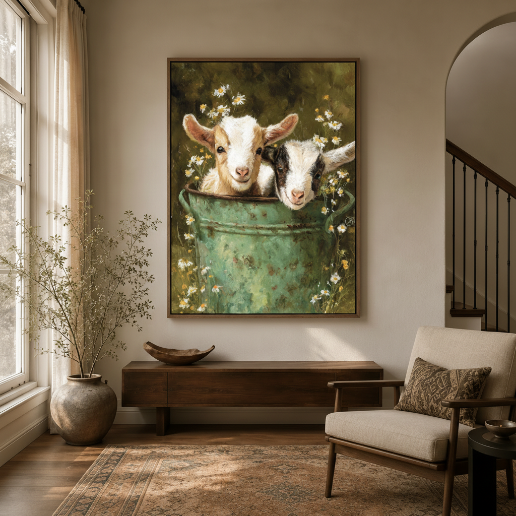 Baby goats peeking from daisy bucket canvas in walnut float frame in bright modern entryway