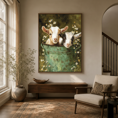 Baby goats peeking from daisy bucket canvas in walnut float frame in bright modern entryway