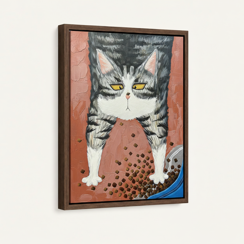 Framed tabby cat oil painting in dark walnut float frame on white background
