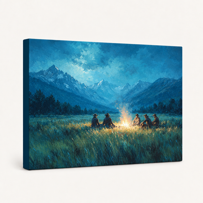 Gallery-wrapped mountain campfire canvas showing blue peaks and travelers around a glowing fire