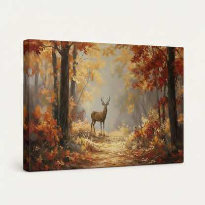 Gallery-wrapped autumn deer forest canvas print, frameless angled product shot on white background