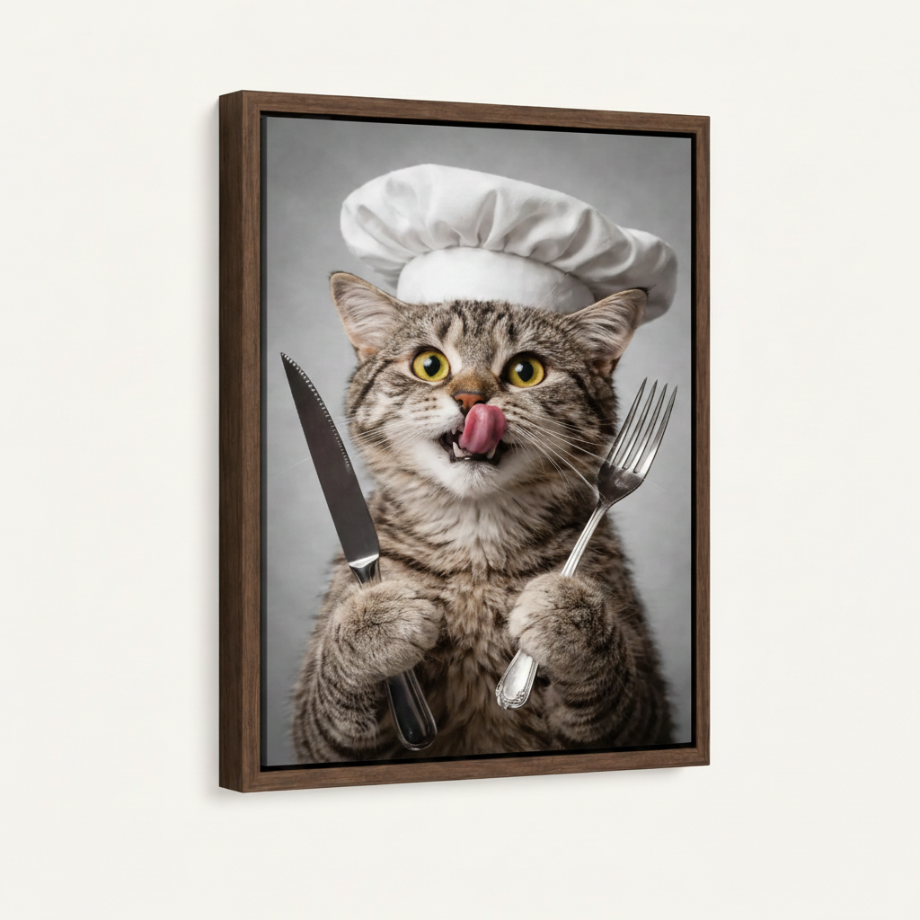 Framed canvas front view of wide-eyed tabby chef cat licking lips with cutlery, gray background