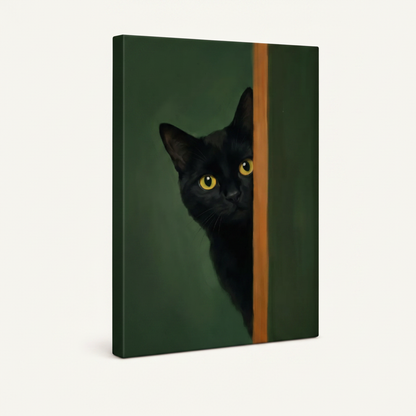 Gallery-wrapped black cat oil painting canvas, dark green sides, frameless angled product shot