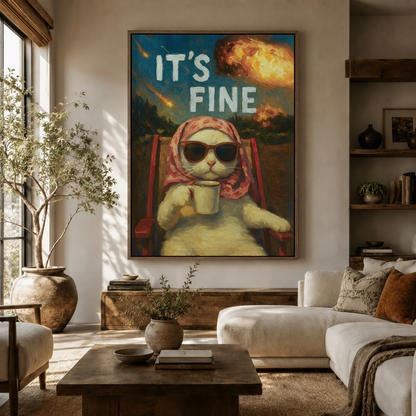It's Fine cat meme funny canvas wall art above sideboard in bright modern living room with olive tree and white sofa