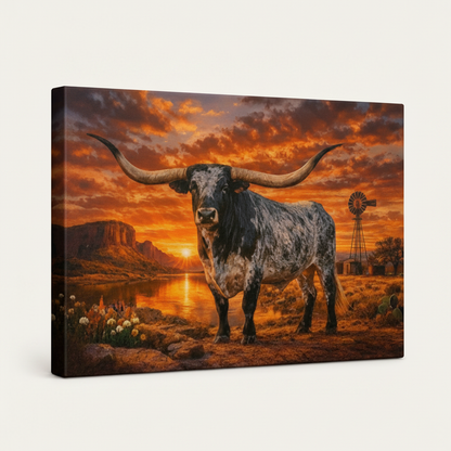 Gallery-wrapped Texas Longhorn sunset canvas side view on white background