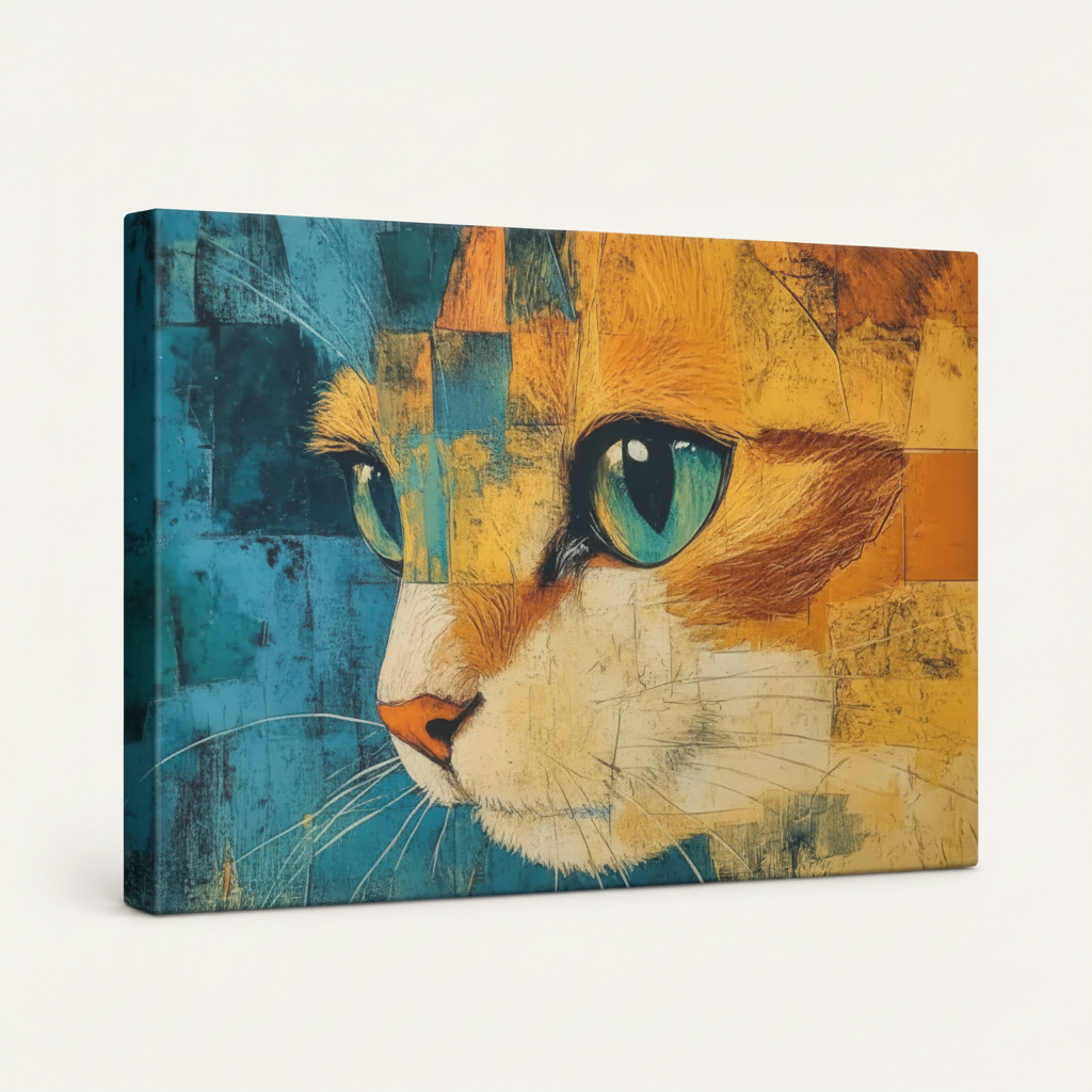 Gallery-wrapped cat canvas art, frameless side view showing wrap depth on white background