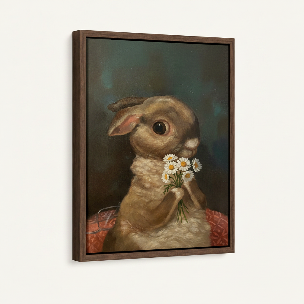 Brown rabbit with white daisies hyperrealistic oil painting canvas print in dark walnut floating frame on white background