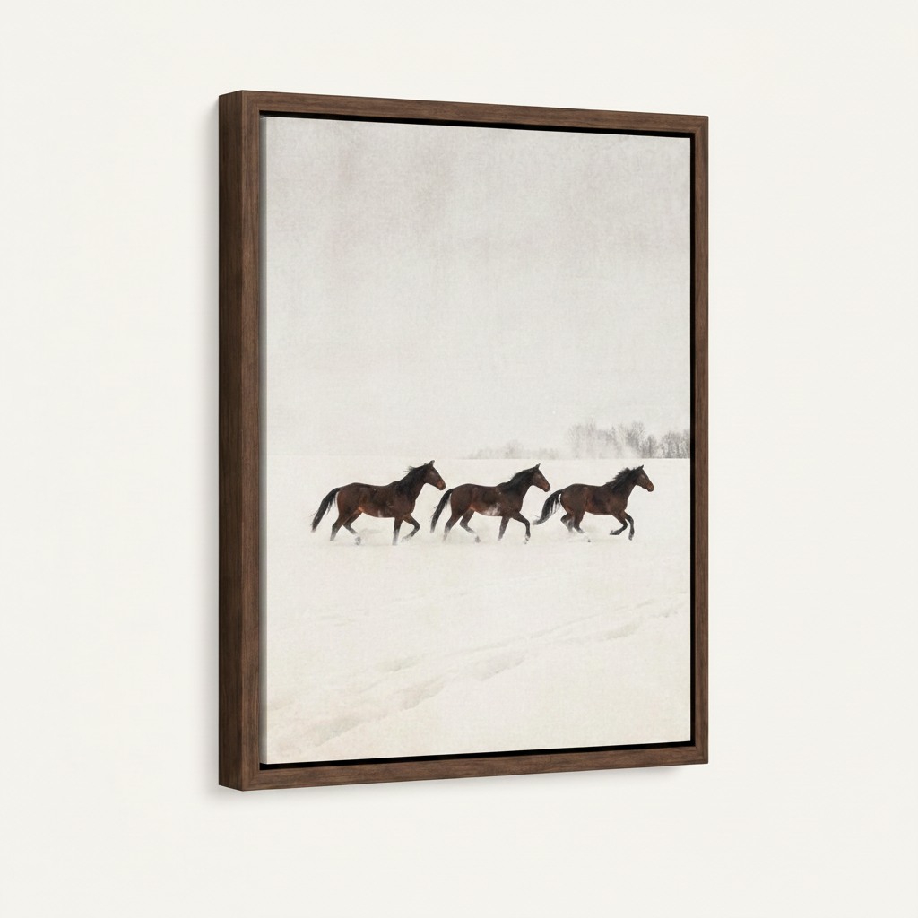Framed canvas wall art featuring three horses running through winter snow on clean white background
