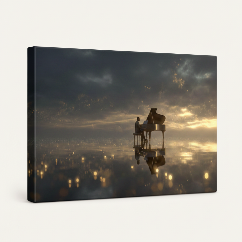 Gallery-wrapped canvas of solitary pianist at dusk with glowing city lights reflected in mirror-still water, side angle product view