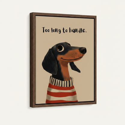 Wiener dog canvas in dark walnut floating frame product close-up view