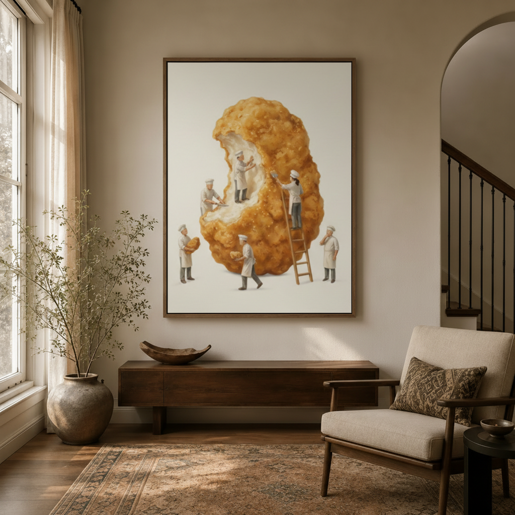 Miniature chefs fried chicken surreal illustration canvas in walnut float frame above entryway credenza