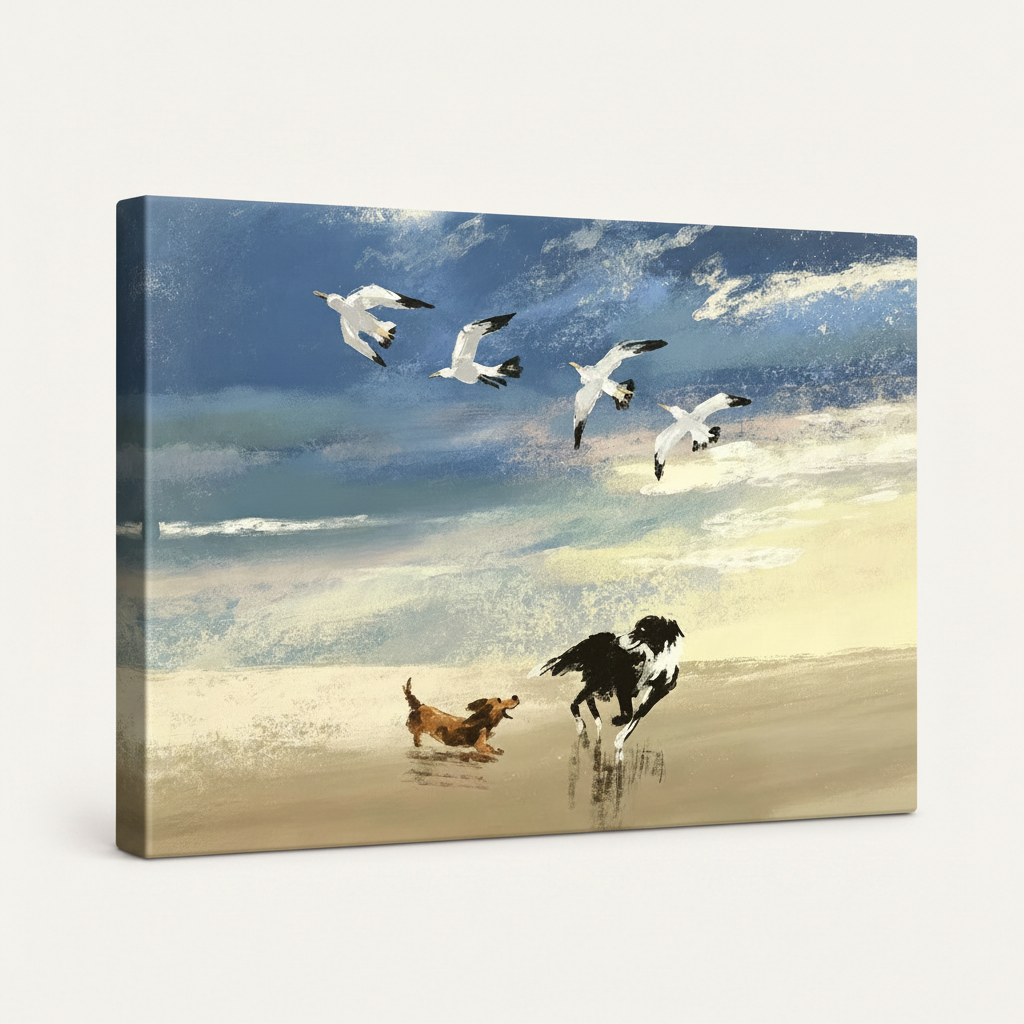 Gallery-wrapped beach dog canvas print showing thick wrap edge at 45-degree angle on white background
