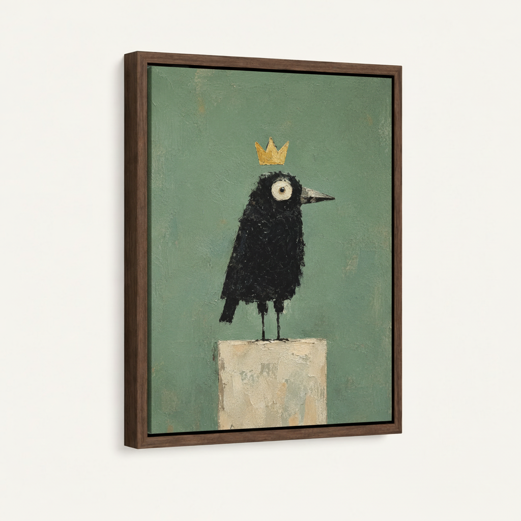 Crowned black bird impasto canvas print in dark walnut float frame on white background