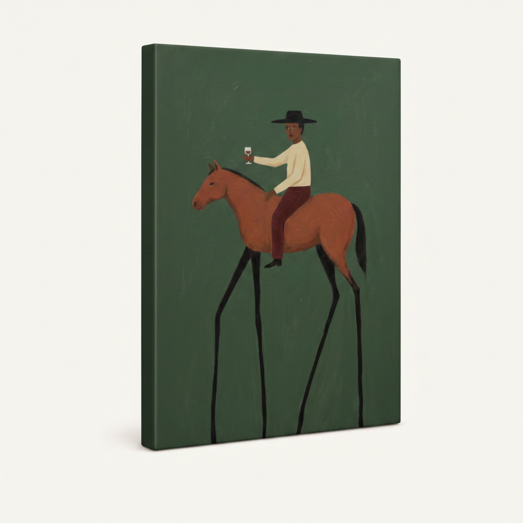 Gallery-wrapped folk art equestrian canvas print with sage green background, frameless 3/4 view