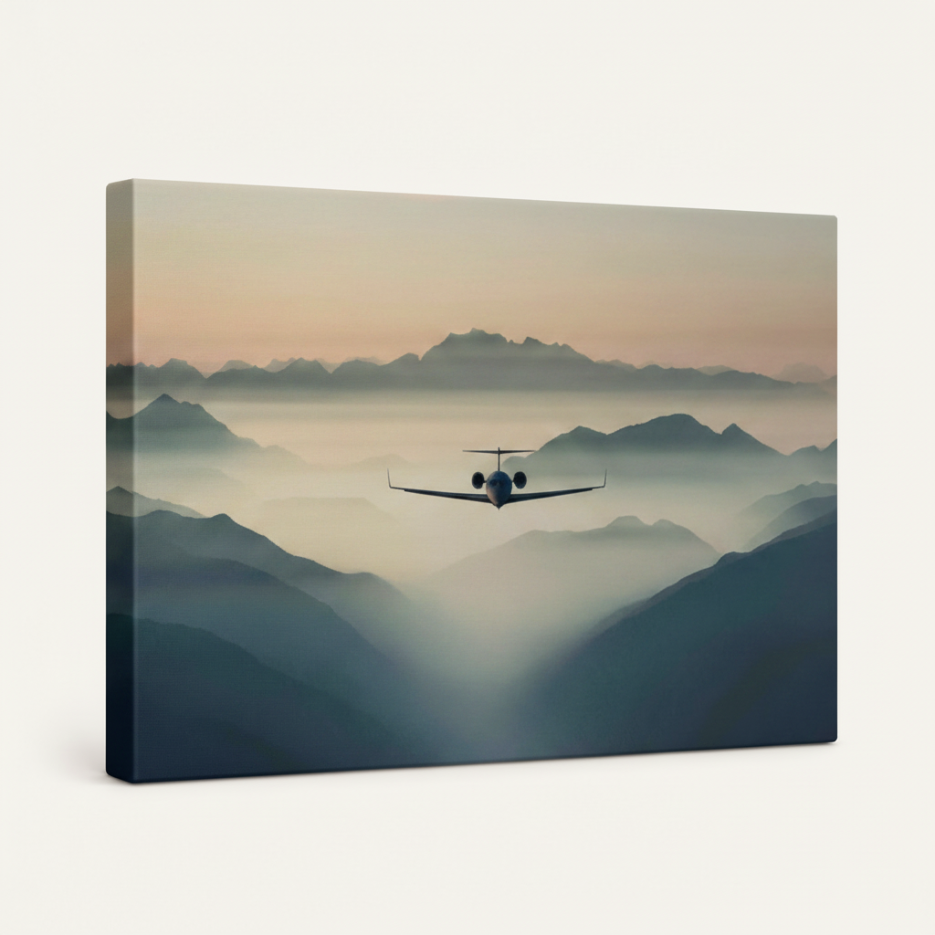 Gallery wrapped aerial landscape canvas with drone above mountains, side wrap visible on white background