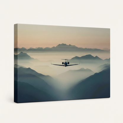 Gallery wrapped aerial landscape canvas with drone above mountains, side wrap visible on white background
