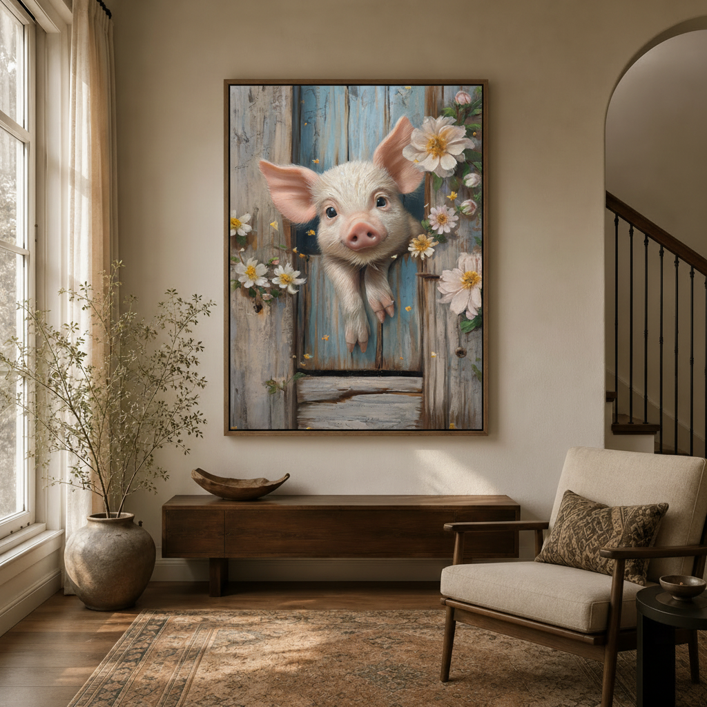  Whimsical baby pig daisy canvas print displayed in bright entryway foyer with arched doorway