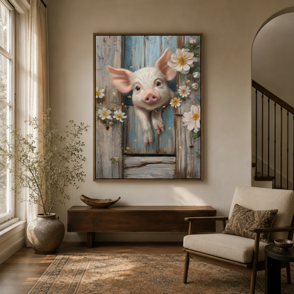  Whimsical baby pig daisy canvas print displayed in bright entryway foyer with arched doorway