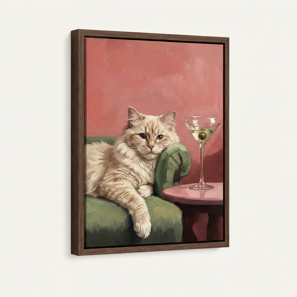 Martini cat funny cat canvas print in dark walnut float frame displayed at 3/4 angle on clean white background