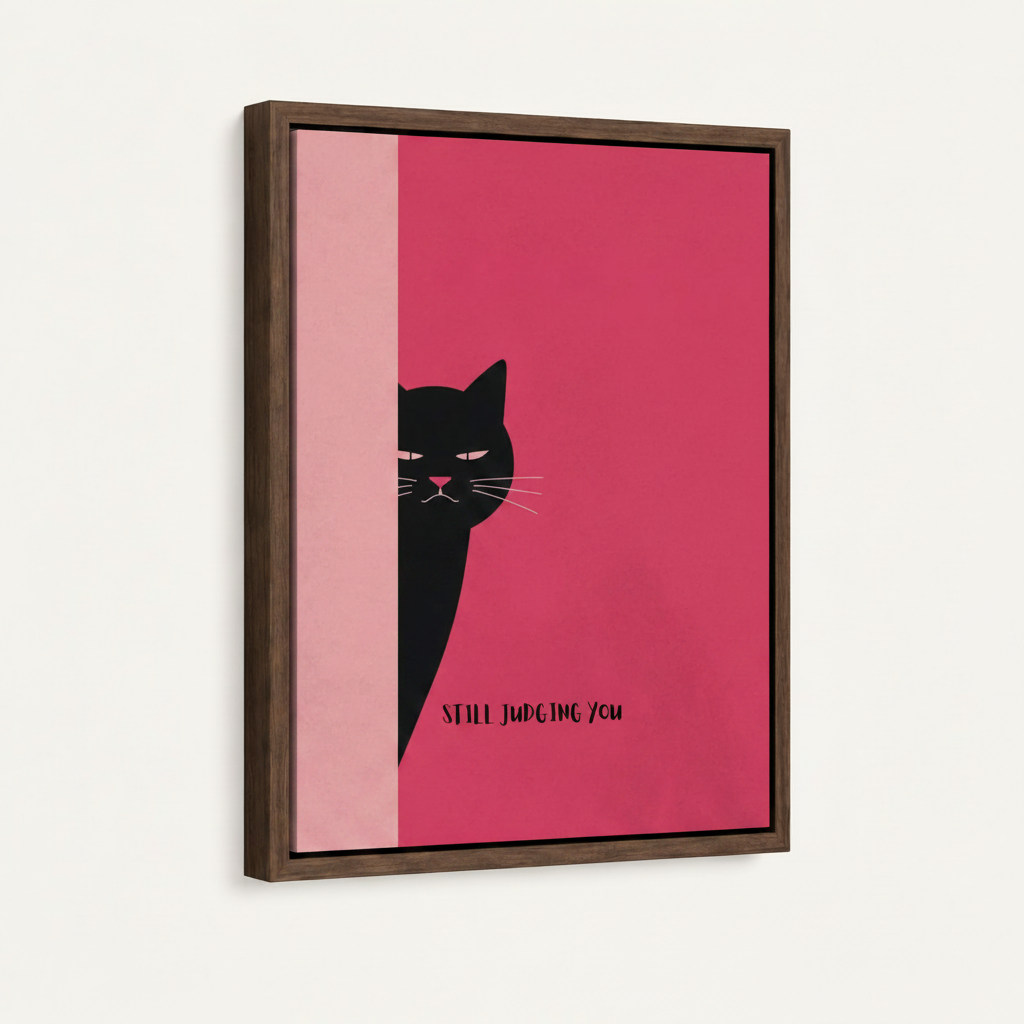 Black cat minimalist canvas in dark walnut float frame product mockup on white background
