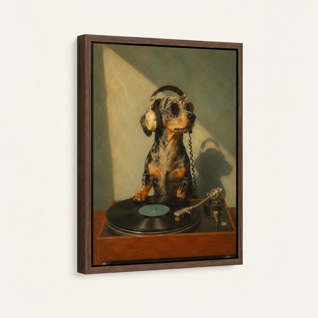 Framed dachshund DJ oil painting canvas wall art with dark walnut float frame on white