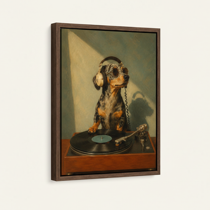 Framed dachshund DJ oil painting canvas wall art with dark walnut float frame on white