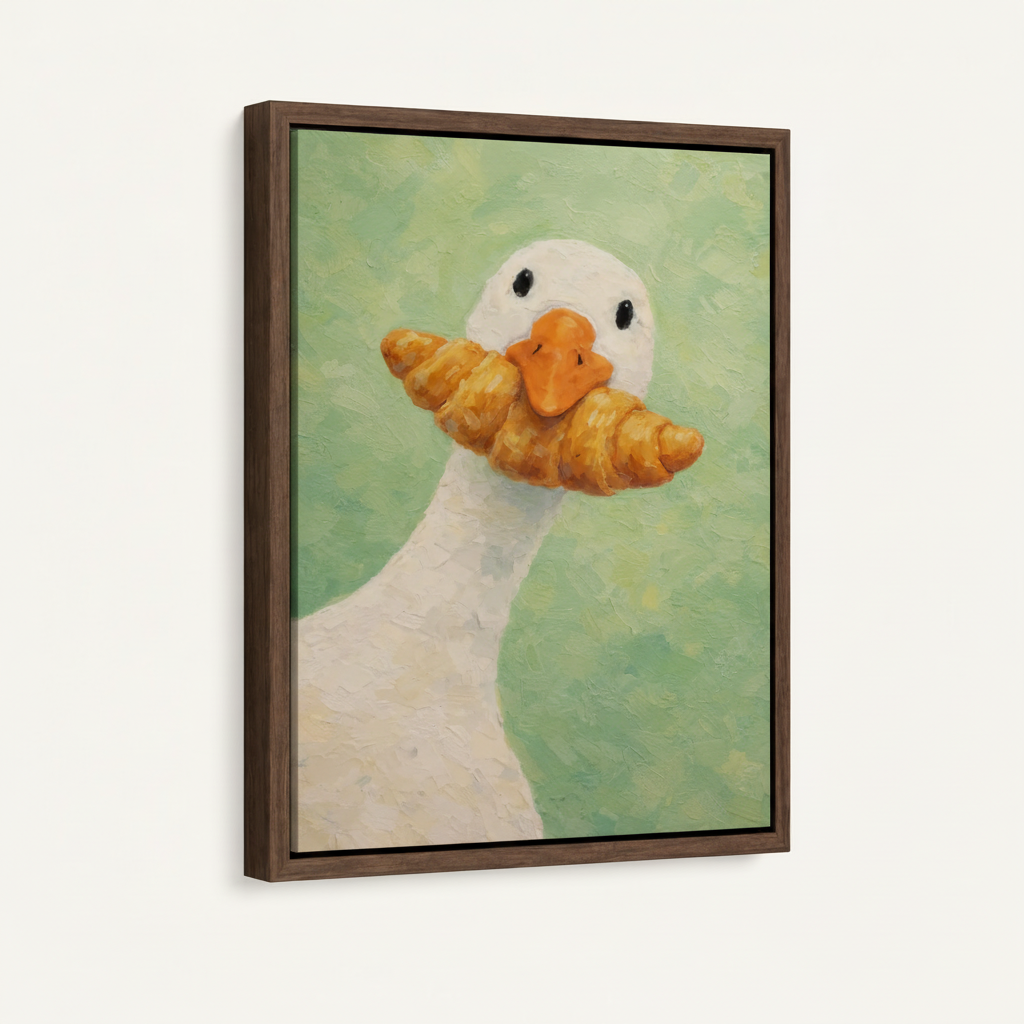 Funny goose oil painting in dark walnut float frame on white background showing frame depth