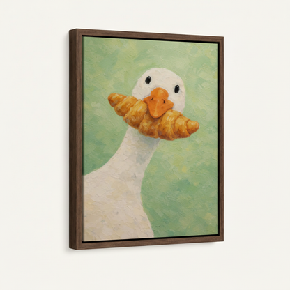 Funny goose oil painting in dark walnut float frame on white background showing frame depth