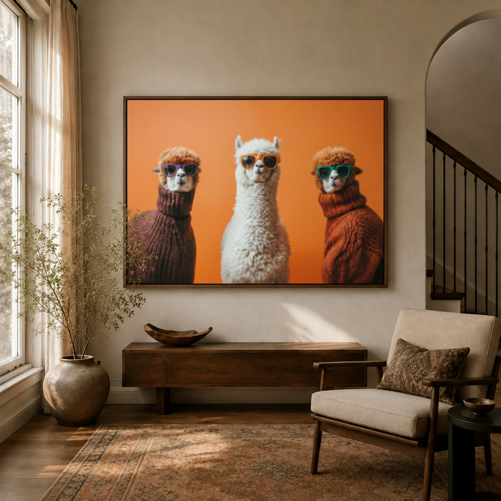Framed funny alpaca canvas wall art displayed above console table in warm neutral living room