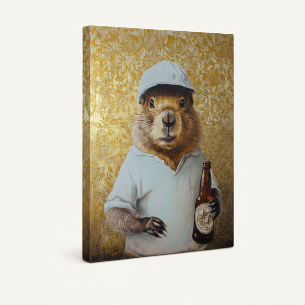 Gallery-wrapped capybara oil painting canvas print with ornate gold background, frameless angled shot