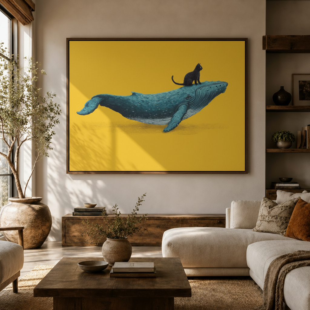Black cat on whale bold yellow surrealist canvas wall art above console in bright Japandi living room